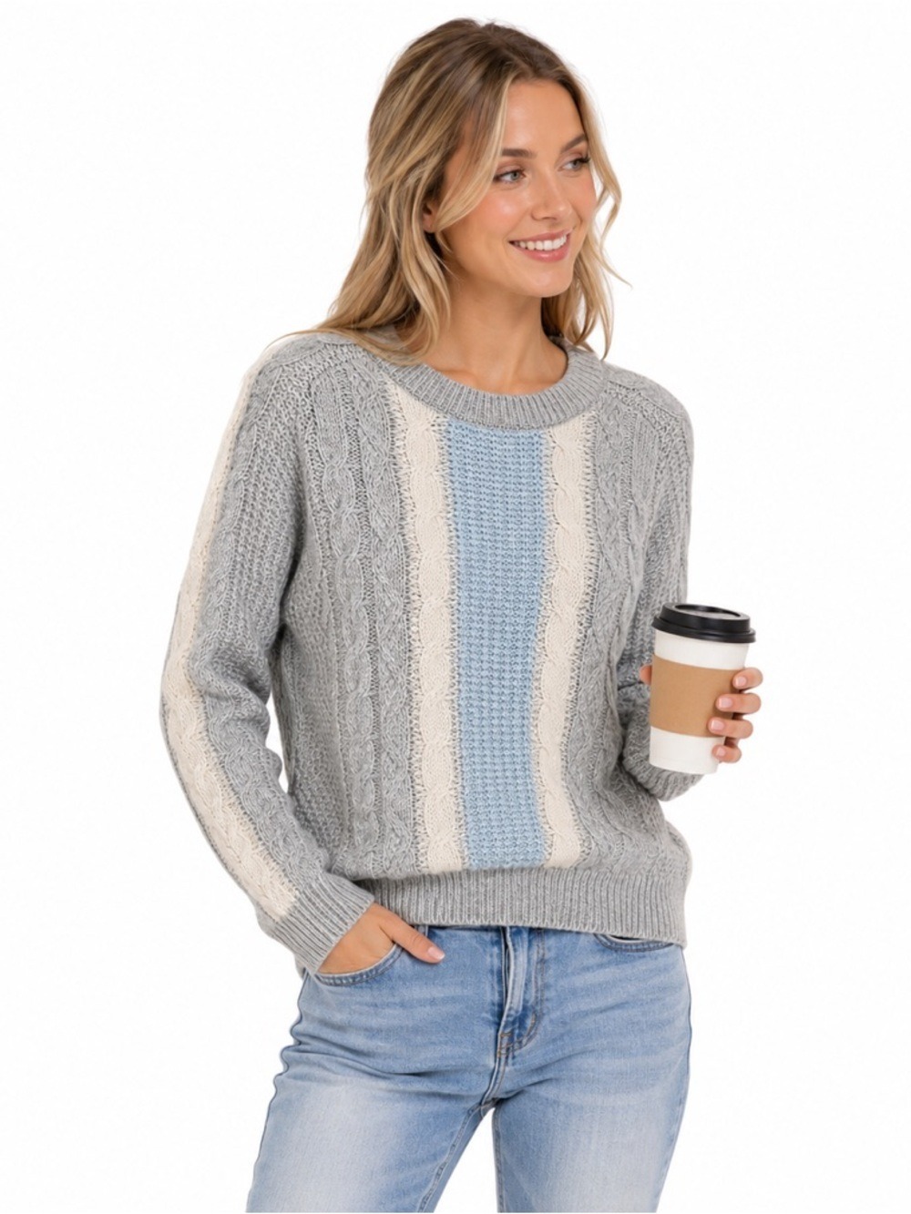 Cynthia Rowley Gray Blue Cable Knit Sweater Large Alpaca Wool Blend